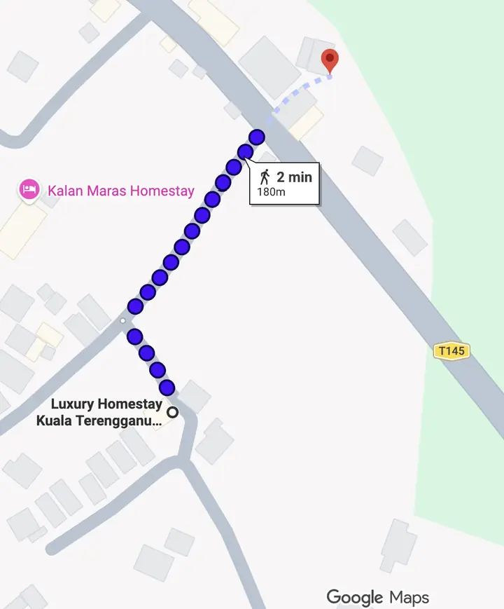 Google Maps: laluan jalan kaki dari Villa Lavenda ke pantai, 2 minit, 180m